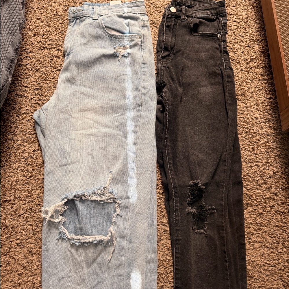SHEIN Light Blue and Black Distressed Skinny Jeans